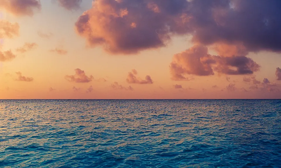 Image similar to 35mm film still, morning light over an island in the maldives, color palette of gold