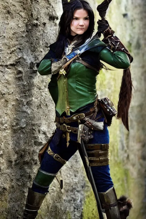 Prompt: fantasy character photo. female ranger. danielle campbell. brown dark forestgreen leather armor. jaunty, tilted, light - green, feathered little hat. black hair in ponytail. bright blue eyes. facial expression of manic obsessive love. leaning against the exterior wall of a tavern