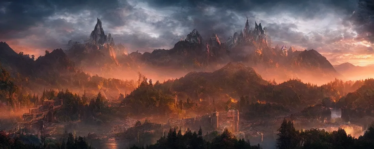 Prompt: epic photo of rivendell in the style of the tv series arcane, hyper detailed, moody, sunrise, cinematic lighting