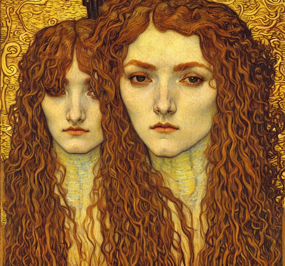 Image similar to detailed realistic beautiful young medieval queen face portrait by jean delville, gustav klimt and vincent van gogh, art nouveau, symbolist, visionary, gothic, pre - raphaelite, muted earthy colors, desaturated