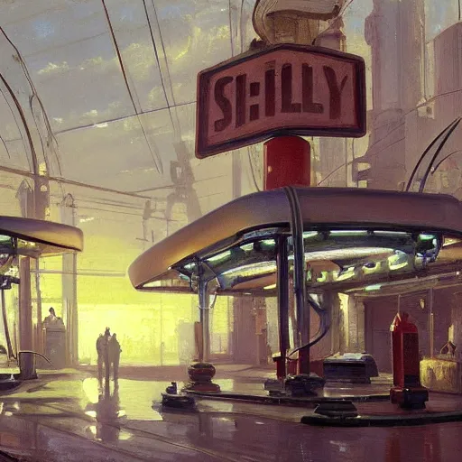 Image similar to painting of syd mead artlilery scifi organic shaped gas station, ornate metal ornaments, volumetric lights, andreas achenbach
