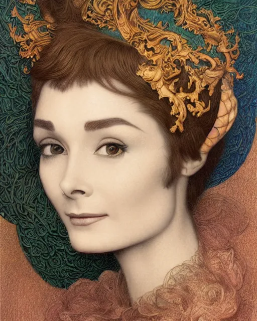 Image similar to matte painting portrait shot, beautiful colourful audrey hepburn, detailed and intricate by jean delville, gustave dore and marco mazzoni, art nouveau, symbolist, visionary, gothic, pre - raphaelite