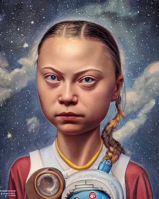Image similar to closeup face profile portrait of greta thunberg as a soviet space toy, bikini, depth of field, zeiss lens, detailed and intricate environment, fashion photoshoot by nicoletta ceccoli, mark ryden, lostfish, breathtaking, 8 k resolution, artistic, hyperrealistic, octane render