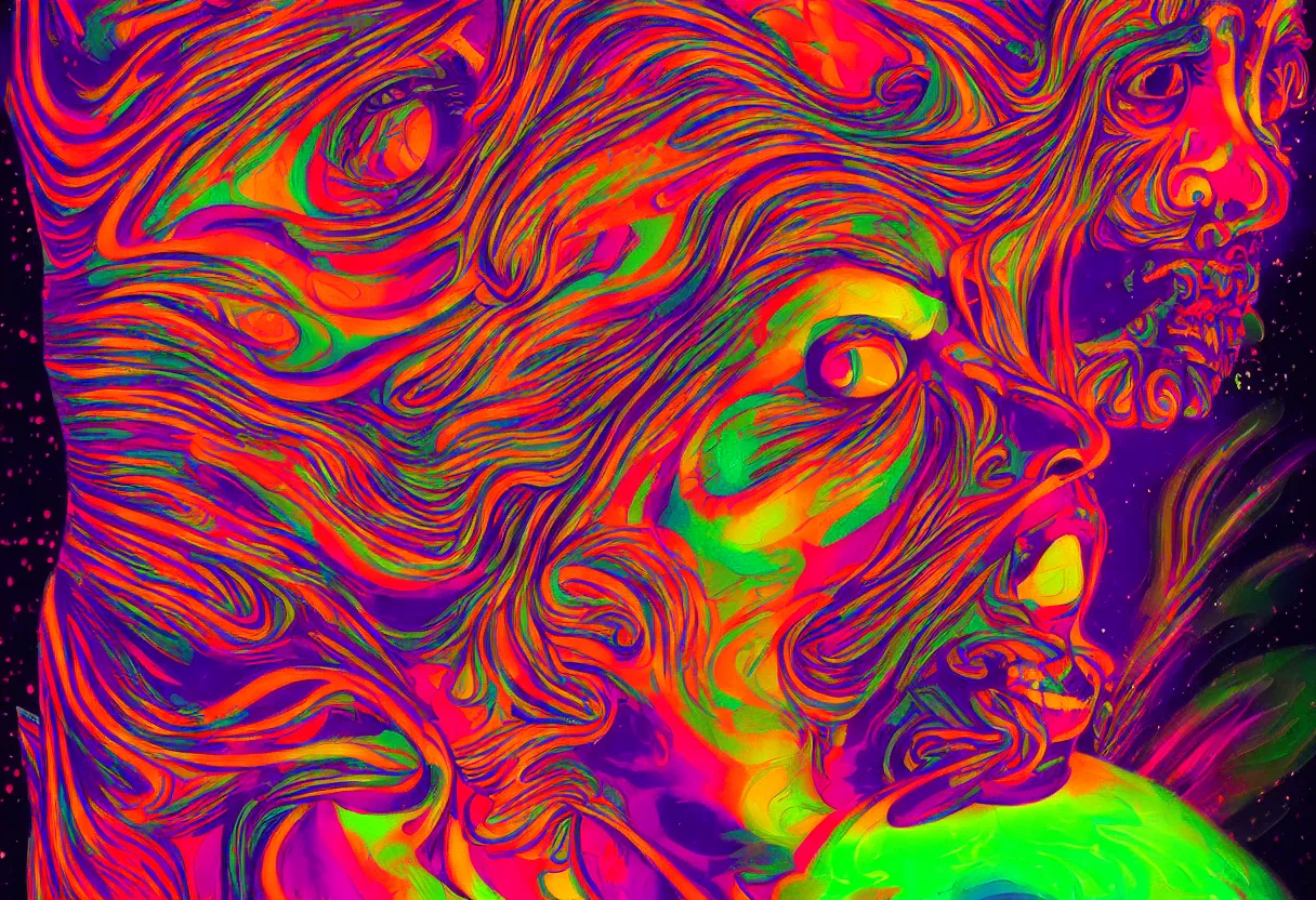 Prompt: bright psychedelicpaintinf of a lsd blotter, diffuse lighting, fantasy, intricate, elegant, highly detailed, lifelike, photorealistic, digital painting, artstation, illustration, concept art, smooth, sharp focus, art by francis bacon