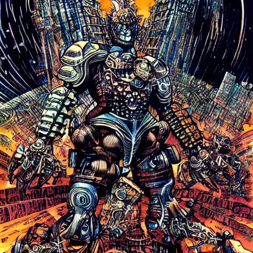 Image similar to wide scene, armored sci - fi god of destructuion manifests floating in midair, art by philippe druillet