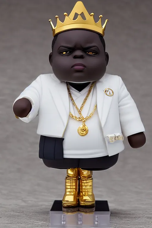 Prompt: notorious big, an anime nendoroid of notorious big in a elegant white suit, wearing a gold crown, wearing a walking stick, wearing a gold chain, figurine, detailed product photo, bokeh