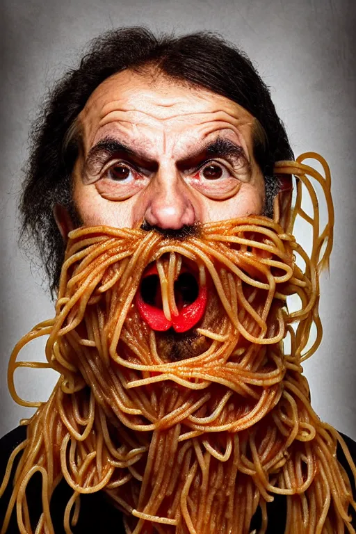 Image similar to extremely detailed portrait of old italian cook, spaghetti mustache, slurping spaghetti, spaghetti in the nostrils, spaghetti hair, spaghetti beard, huge surprised eyes, shocked expression, scarf made from spaghetti, full frame, award winning photo by david lachapelle