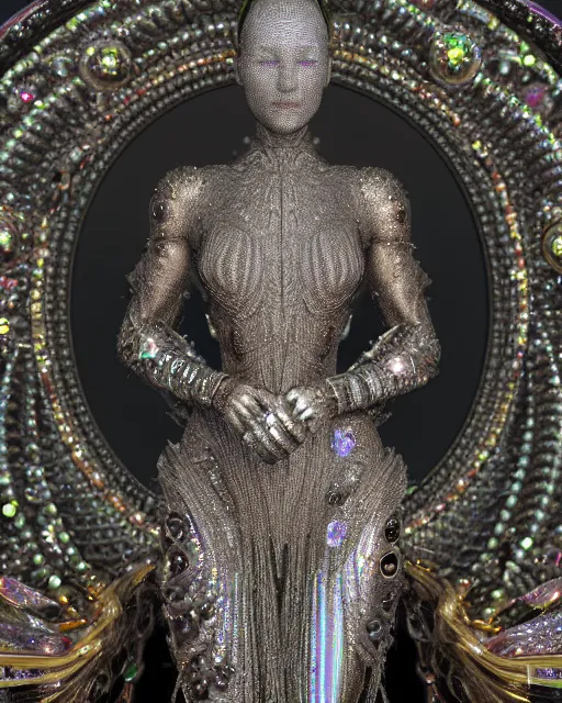 Image similar to a highly detailed metahuman 4 k close up render of an alien goddess bella hadid monument seraphim in iris van herpen dress schiaparelli in diamonds crystals swarovski and jewelry iridescent in style of alphonse mucha gustav klimt trending on artstation made in unreal engine 4