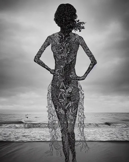 Image similar to a woman standing by the sea, made of intricate decorative lace leaf skeleton, in the style of the dutch masters and gregory crewdson, dark and moody