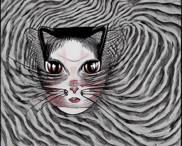 Image similar to cat with huge head, artwork by junji ito