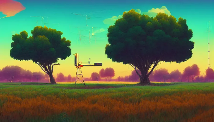 Prompt: colourful sky, wheat field, radio antenna, big trees, matte painting, art station, digital art, simon stalenhag