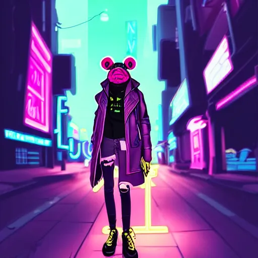Image similar to beautiful furry digital art portrait commission of an androgynous anthro frog fursona wearing punk clothes in the streets of a cyberpunk city. neon signs. character design by charlie bowater, ross tran, artgerm, and makoto shinkai