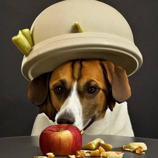 Image similar to dog trying to eat apple core under on a butler cloche dome