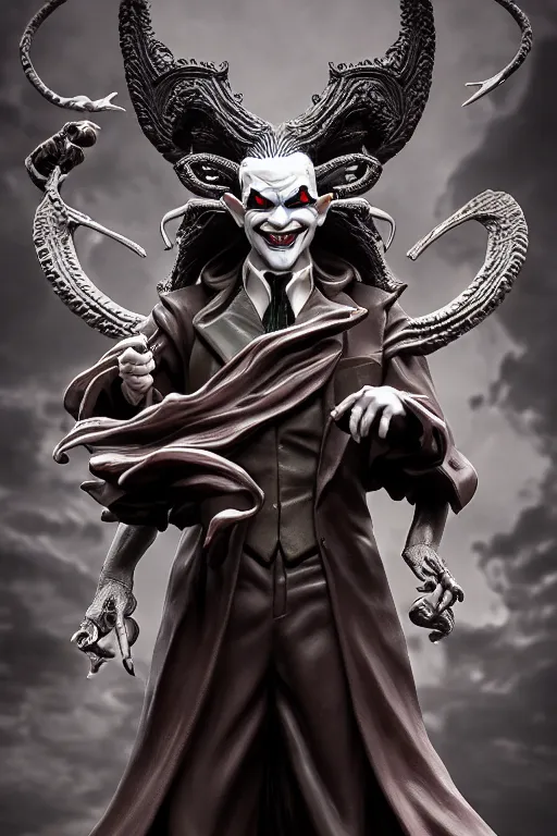 Image similar to digital masterpiece illustration concept art of porcelain statue of joker as baphomet, extremely detailed and intricate complexity, epic composition, magical atmosphere, cinematic lighting, wide long shot, trending on artstation, 8 k