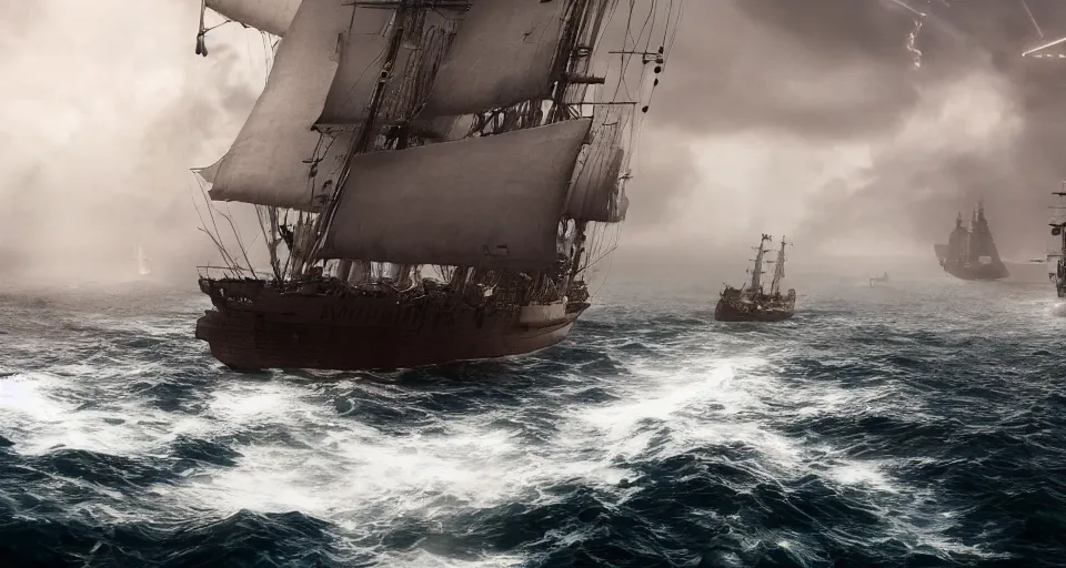 Image similar to giant sailing battleship with ten sails, raging sea foggy, dramatic, action scene, stormy background, shipfleet on the horizon, high detail, unreal engine, octane render, 8 k high definition, photorealistic