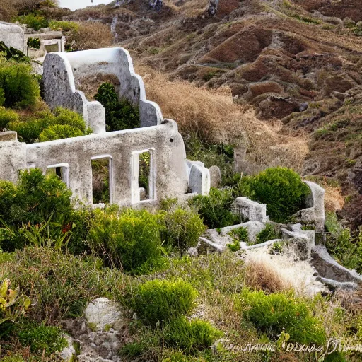 Prompt: overgrown abandoned ruins of santorini, national geographic