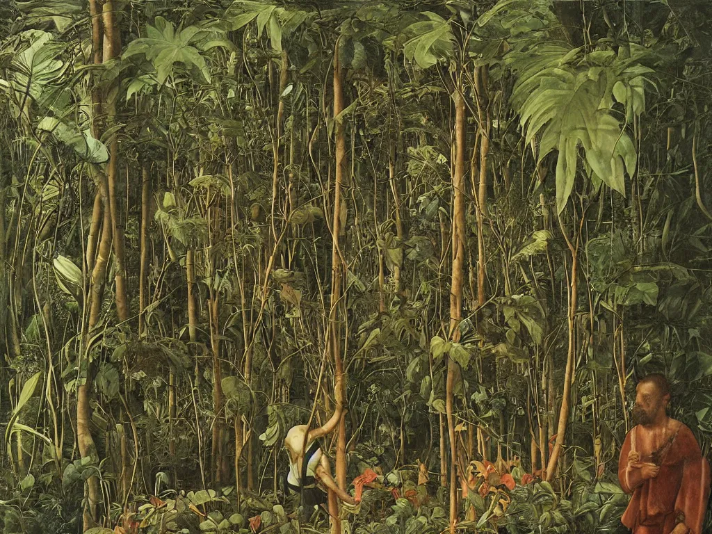 Prompt: Man lost in the Amazonian jungle among the carnivorous plants, panthers and giant leaves. Painting by Giotto