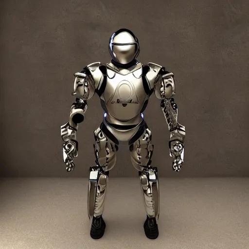 Image similar to robotic armor in a wardrobe, photorealistic, 8K, 3D, !!award-winning!!