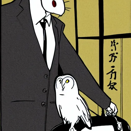 Image similar to barn owl in a black suit wearing an office bag going to the office,drawn by Hayao Miyazaki , highly detailed,anime, anime shot,anime colours, inspired by My Neighbor Totoro 1988,cell shading