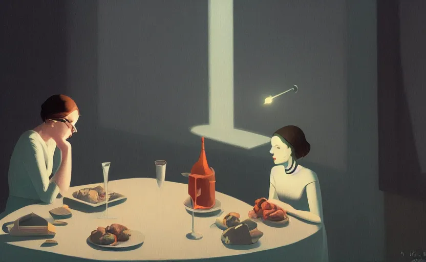 Prompt: a mysterious surreal dimly lit dinner scene illustration by atey ghailan and escher and edward hopper, surreal