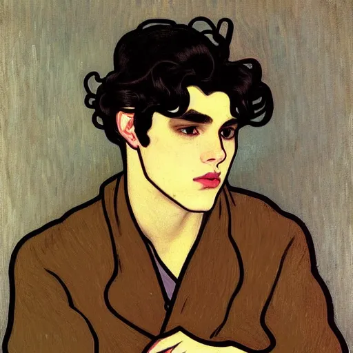 Image similar to painting of young cute handsome beautiful dark medium wavy hair man in his 2 0 s named shadow taehyung at the halloween pumpkin party, straight nose, depressed, melancholy, autumn, tokyo, elegant, clear, painting, stylized, delicate, soft facial features, delicate facial features, soft art, art by alphonse mucha, vincent van gogh, egon schiele