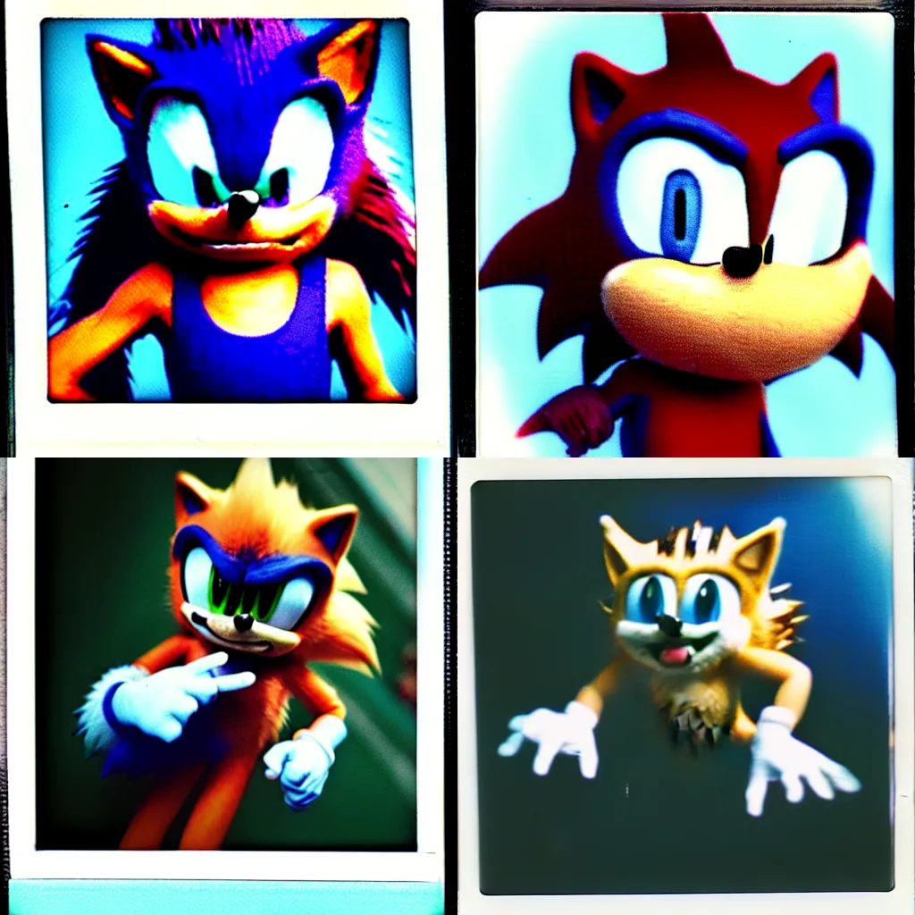 Prompt: instax polaroid film still of a sonic the hedgehog creature with fangs and claws, faded, creepypasta