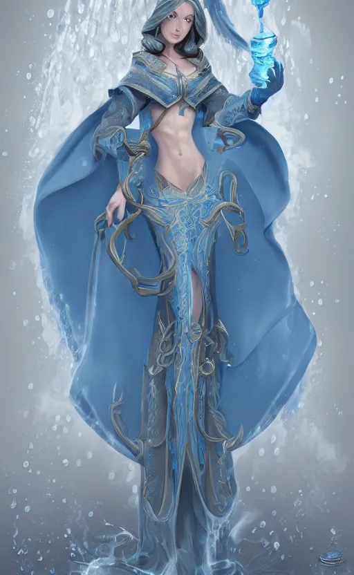 Image similar to elf female sorcerer doing water magic spells, blue robes, exquisite details, full body character design on a white background, by studio muti