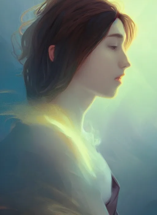 Image similar to handsome young women with shoulder length brown hair, smoke, foggy, half body shot, path traced, highly detailed, high quality, digital painting, alena aenami, lilia alvarado, shinji aramaki, karol bak, alphonse mucha, tom bagshaw