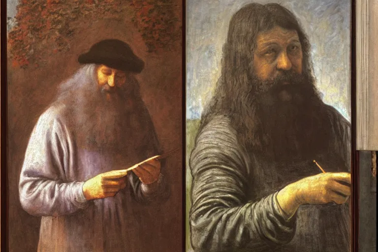 Image similar to leonardo da vinci painting a portrait of claude monet, painting by michaelangelo