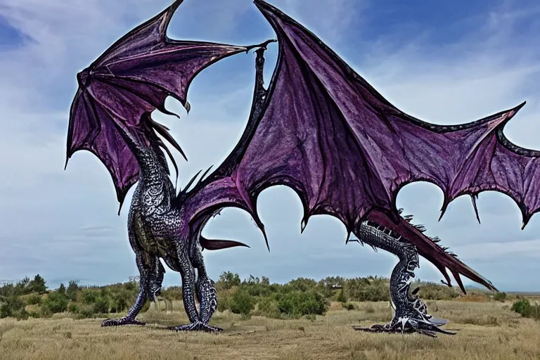 Image similar to 128 foot tall silver western style dragon that has purple accents, 360 foot wingspan, and jagged yet smooth plated scales