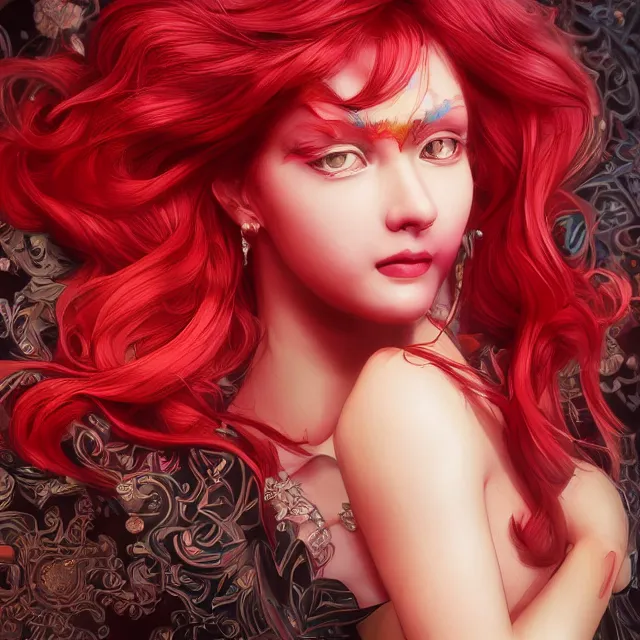 Image similar to portrait of a red gem ruby personified as an absurdly beautiful, elegant, young hypercolorful sensual gravure idol, ultrafine hyperrealistic detailed face illustration by kim jung gi, irakli nadar, intricate linework, sharp focus, bright colors, matte, octopath traveler, final fantasy, unreal engine highly rendered, global illumination, radiant light, intricate environment