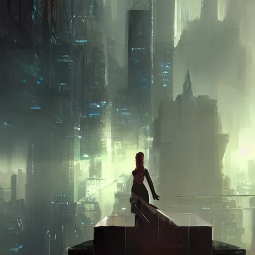 Image similar to “ a girl standing on a ledge looking down at a futuristic new york city below, ghostpunk, storm clouds, very detailed, by craig mullins ”