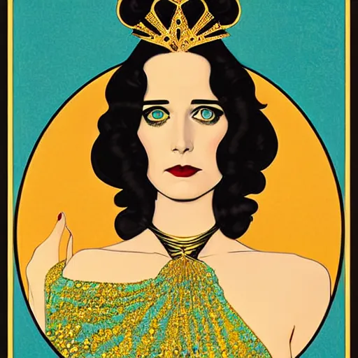 Image similar to turquoise and gold and black portrait of the young actress, eva green as queen of the emerald dead, comic art by joshua middleton, art by coles phillips, tendrils, vamp, elegant, decadent, stylised comic art, klimt, mucha, 1 9 7 0 s poster,