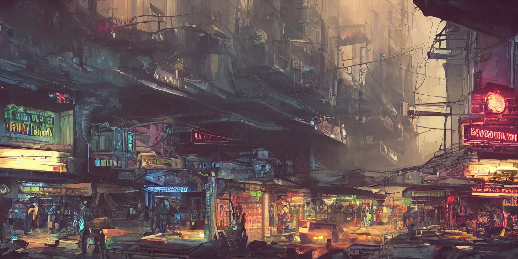 Image similar to a guatemalan cyberpunk city market with neon ads and signs with evocative dramatic mood with blade runner vibe with cars and floating vehicles with motion blur with depth of field with bloom with lightshaft with volumetric lights, fog, by jeremy mann, alberto mielgo, oscar winning graphics, photo realistic, bloom, imax, dynamic lighting, artstation,