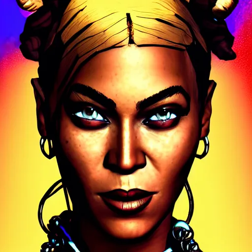 Image similar to beyonce portrait, borderlands, tales from the borderlands, the wolf among us, comic, cinematic lighting, studio quality, 8 k