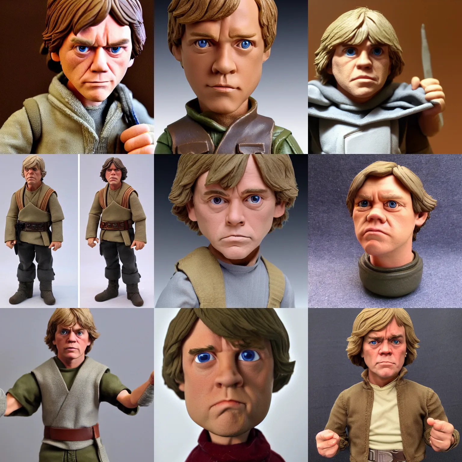 Prompt: real luke skywalker mark hamilton!! clay! close detailed sculpted head , style: claymation puppet kids clay , by guldies