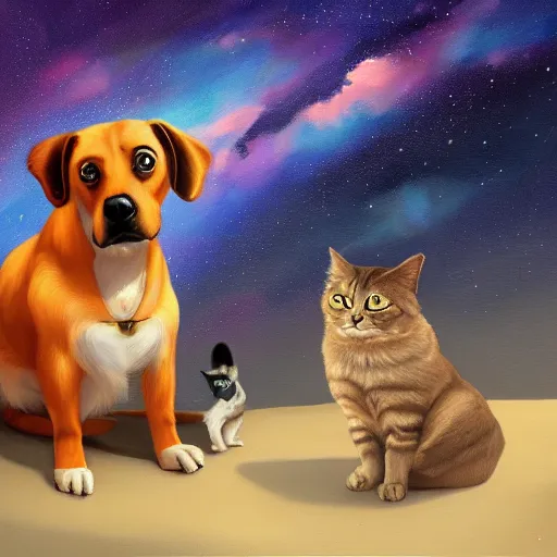 Prompt: A painting of a dog and a cat staring up at the night sky, artstation, cgsociety, 8k