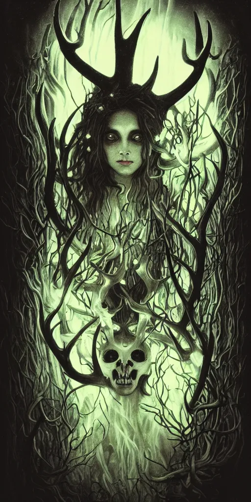 Image similar to intense bioluminescent black metal pagan god with antlers and fangs and intense glowing eyes with a bull skull in very dark forest by mark ryden and alphonse mucha, portrait, fantasy, clear, light beams, lens flare, intense, uhd, amazing depth, cinematic lighting