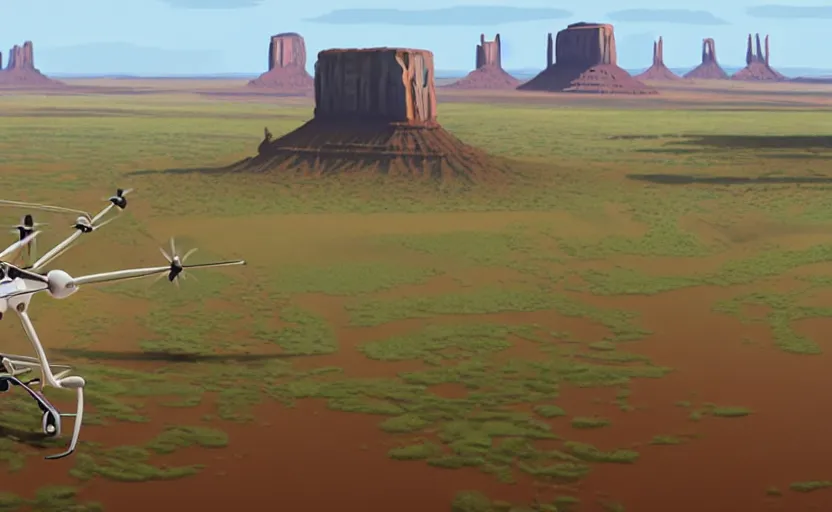 Image similar to a hyperrealist cell - shaded cartoon movie still from howl's moving castle ( 2 0 0 4 ) of a huge gyrocopter in a flooded monument valley. stonehenge is seen in the background with shafts of sunlight from above. very dull muted colors, hd, 4 k, hq