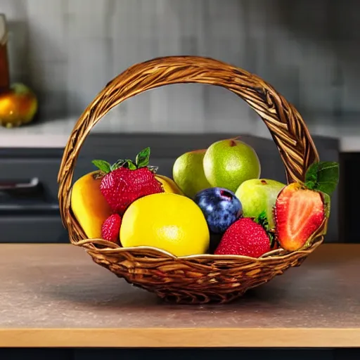 Prompt: a fruit basket on top of a kitchen table, snowglobe