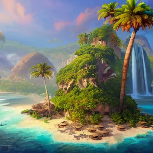 Image similar to a painting of a tropical island, a matte painting by jordan grimmer, cgsociety, fantasy art, matte painting, unreal engine 5
