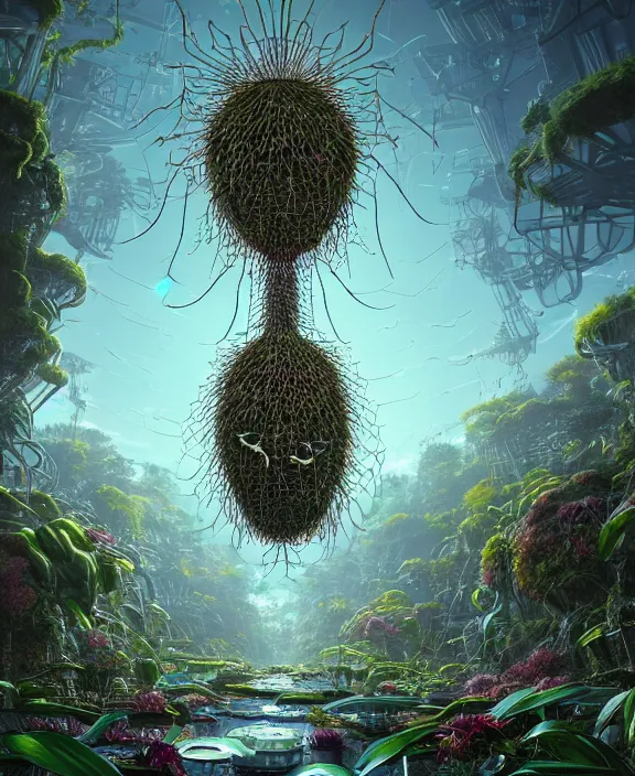 Image similar to a giant weird industrial plant made out of isopod dragonflies, in the style of a strange puffy spaceship, overgrown with disturbing orchids, partly cloudy, somber, dramatic lighting, by dan mumford, yusuke murata, makoto shinkai, ross tran, cinematic, unreal engine, cel shaded, featured on artstation, pixiv