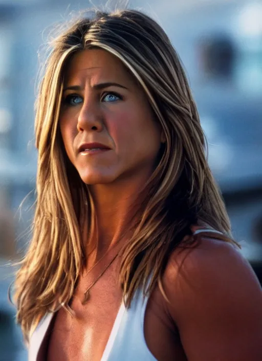 Prompt: film still of Jennifer Aniston as Martin Riggs in Lethal Weapon, 4k