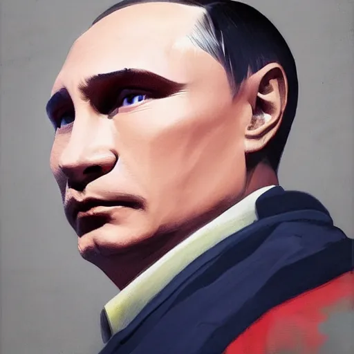 Image similar to Portrait painting Vladmir putin wearing a jacket and a collar, as an Overwatch character, medium shot, asymmetrical, profile picture, Organic Painting, sunny day, Matte Painting, bold shapes, hard edges, street art, trending on artstation, by Huang Guangjian and Gil Elvgren and Sachin Teng