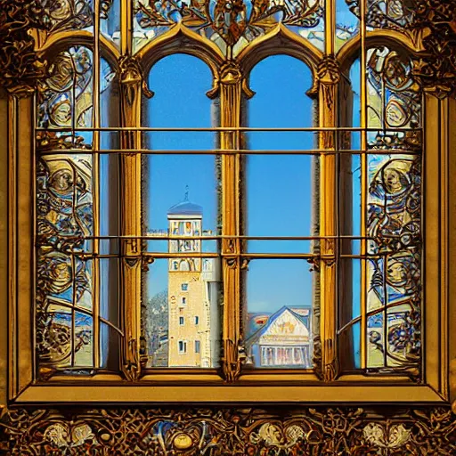 Prompt: digital illustration of a beautiful window open front view, complete window!, aesthetic, achenbach, andreas, angelico, fra, bellotto, bernardo, ornate, russian style, colorful architectural drawing, behance contest winner, vintage frame window