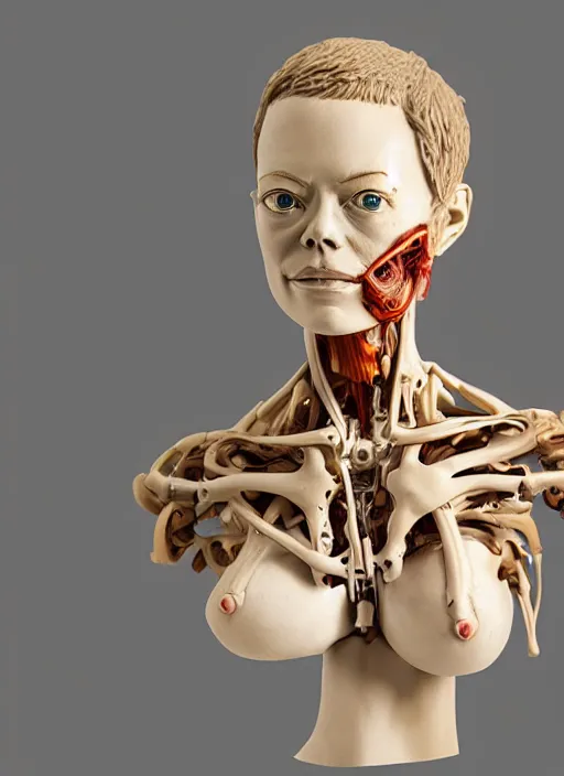 Prompt: a bust sculpture of anatomical detailed wood cyborg, emma stone, green blod, become human, ceramic base, orthographic, studio lighting