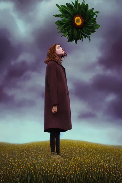 Image similar to portrait, enormous daisy flower head, a girl wearing coat in heather field, surreal photography, wind and cold, dramatic sky, impressionist painting, digital painting, artstation, simon stalenhag