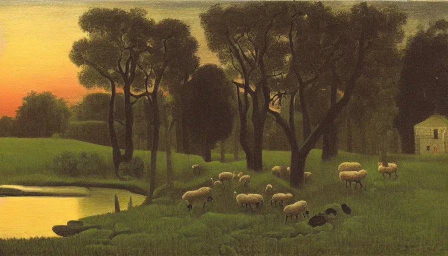 Prompt: quaint victorian farmhouse beside a river with sheep in the adjacent yard at sunset, by henri rousseau, full resolution