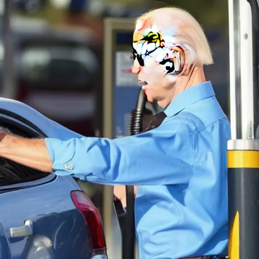 Image similar to joe biden at the gas station pumping gas into his mouth