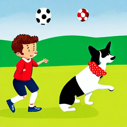 Image similar to illustration of french boy in paris playing football against a corgi who is wearing a polka dot scarf